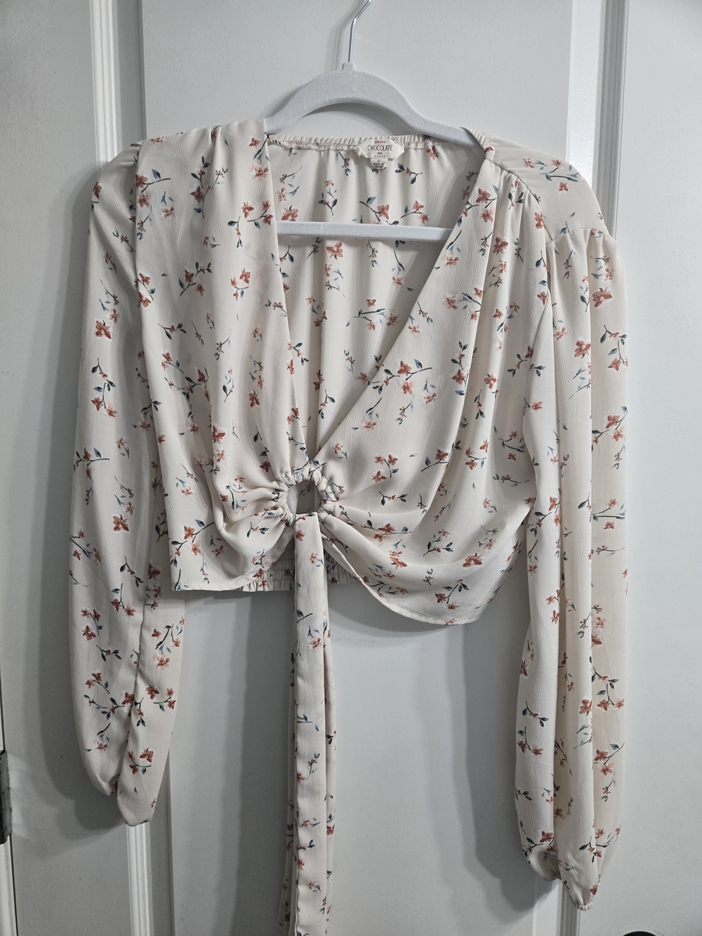 Floral Tie-Front Long Sleeve Top - Cream
